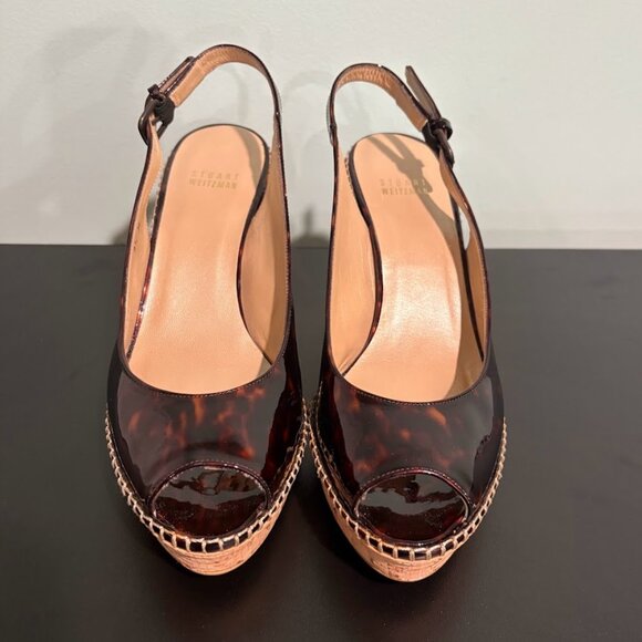 Stuart Weitzman Patent Leather Wedges Platform Peep Toe Tortoise Shell Size 9.5 - Picture 2 of 9